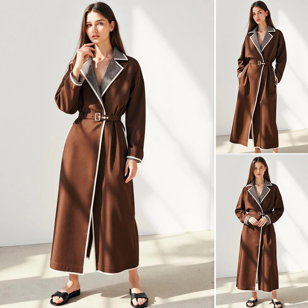

Mia Muse Boutique, осенний плащ, 2025 г., женский простой лоскутный плащ с длинными рукавами, шалевым воротником и карманами, базовый длинный плащ
