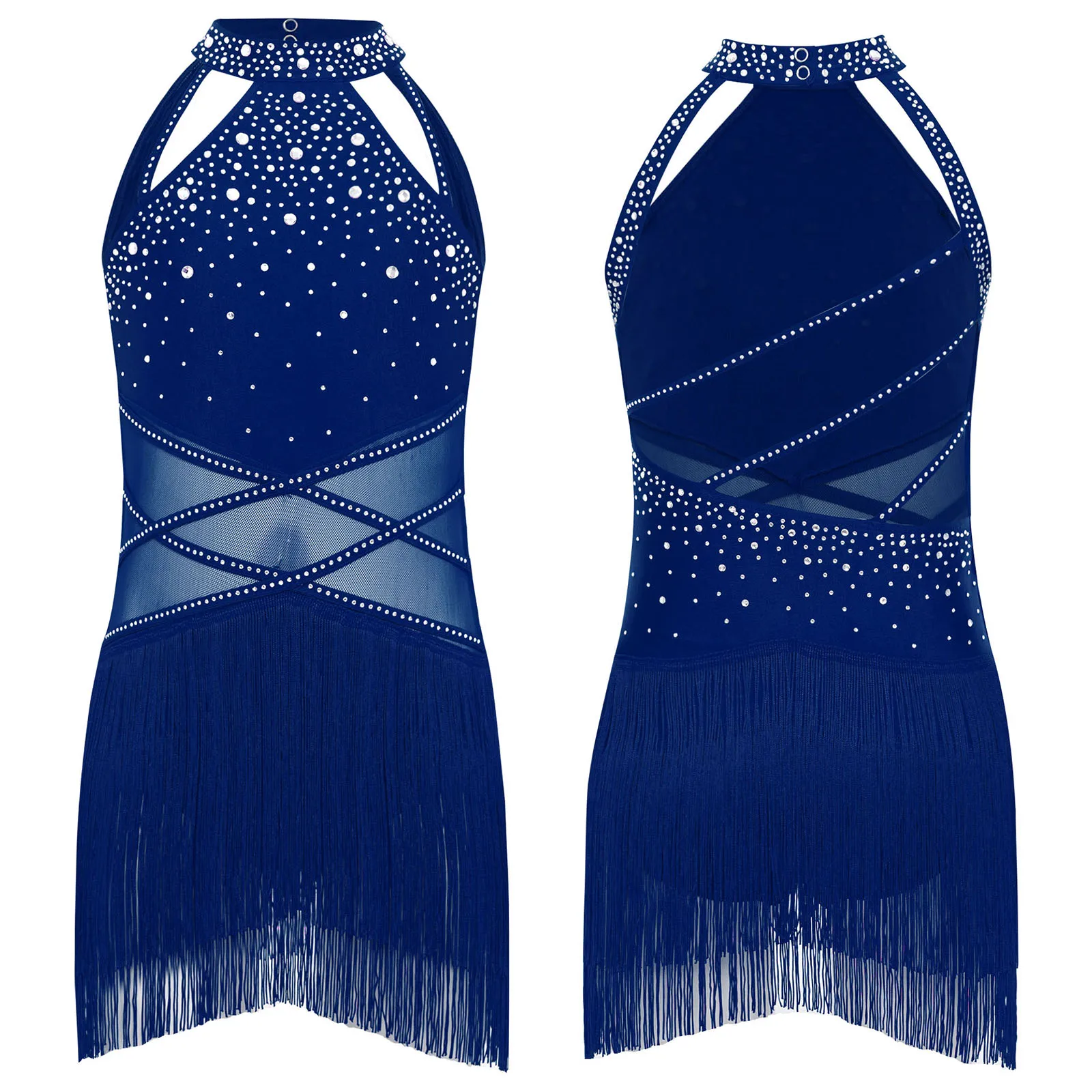 

Kids Girls Latin Jazz Dance Dress Figure Ice Skating Lyrical Performance Costume Rhinestones Sheer Mesh Patchwork Tassel Dress
