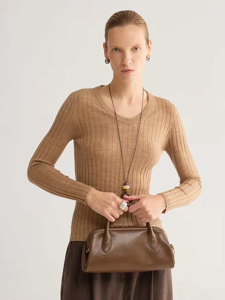 2026 Fall Women U-Neck 100% Pure Wool Seamless Ribbed Knit Sweater Slim Fit Layering Base Top Minimalist Commuter Knitwear