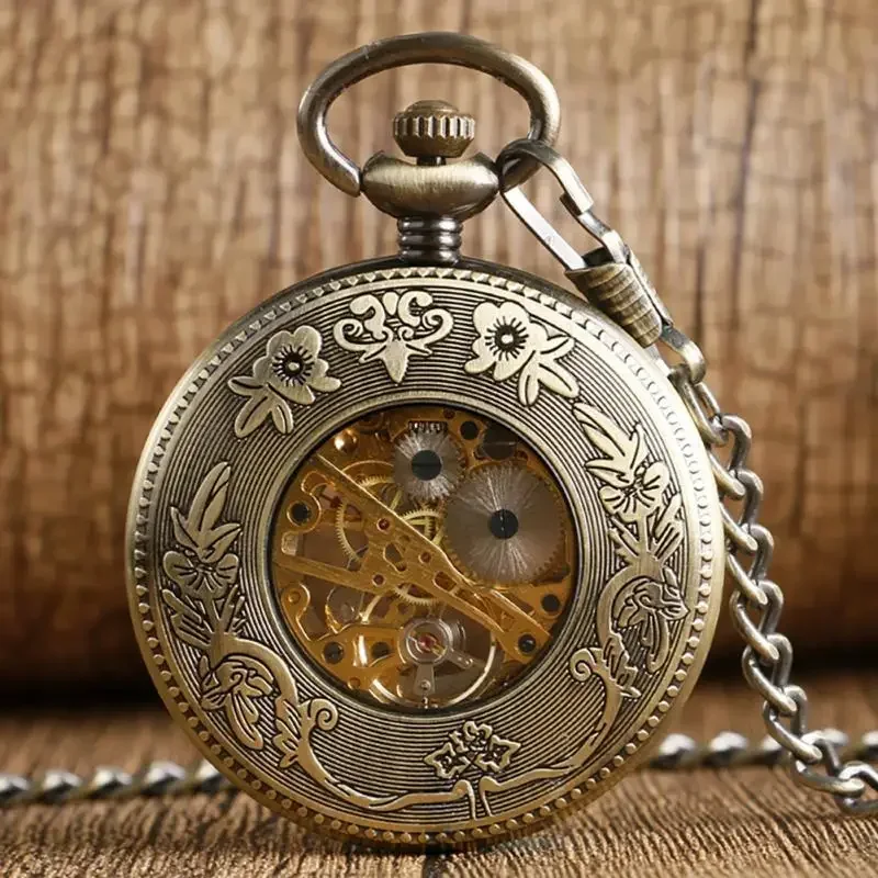 Antique Bronze Hollow Fish Steampunk Hand-winding Mechanical Pocket Watch Pendant Chain Retro Clock for Women Men Gift