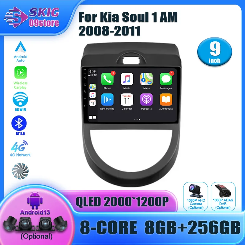 For Kia Soul1 AM 2008-2011 Android 14 Car Radio CarPlay Video Player GPS Voice CarPlay Head Unit Audio Stereo With Rear camera