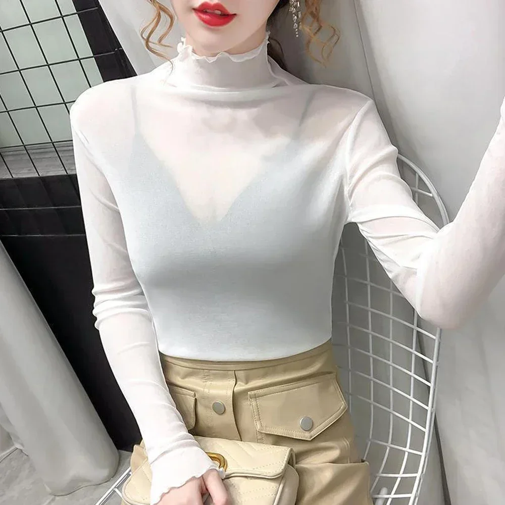 Women Sexy Sheer Mesh T Shirt High Neck Long Sleeve T-shirt See Through Shirt S-XL Malachite Black White Pink Wine Tops