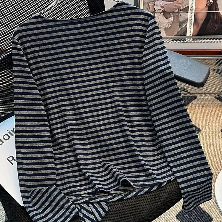 New Women's Casual Irregular Swing Collar Striped Long Sleeve T-shirt For Spring And Autumn, Can Be Worn As Inner Or Outer Layer