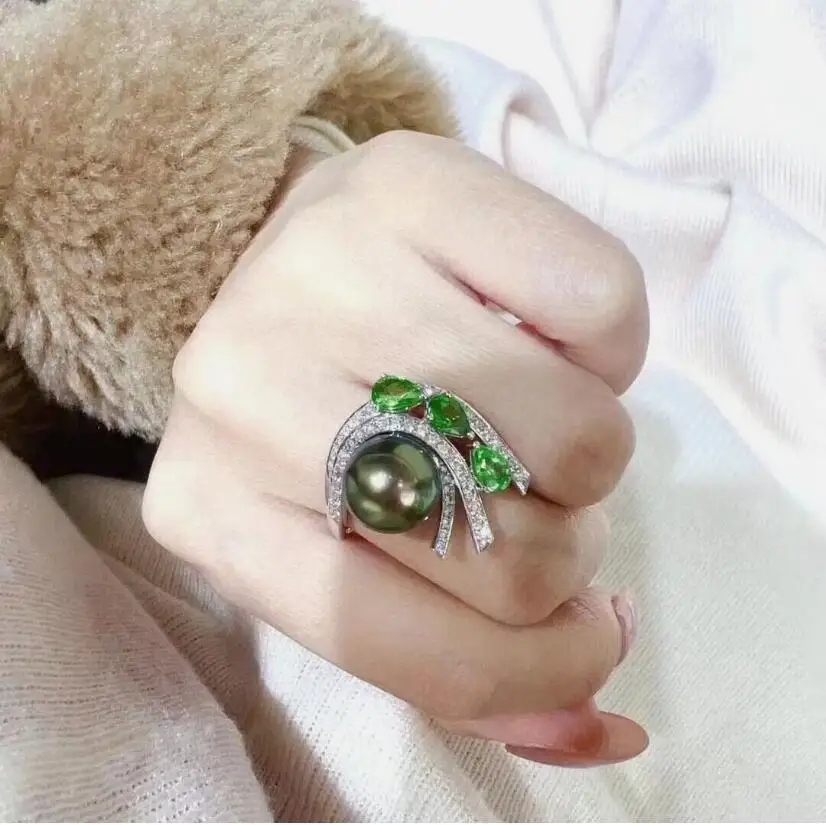 

stunning 10-11mm tahitian round black green pearl ring 925s
