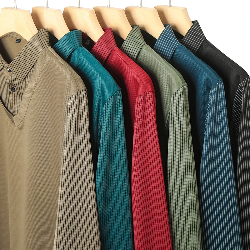 Frühlings- und Herbst-T-Shirt für Herren mittleren Alters, zweiteilig, aus reiner Baumwolle, langärmlig, mit großem Kragen und lockerem Poloshirt-Design. – Detail 14