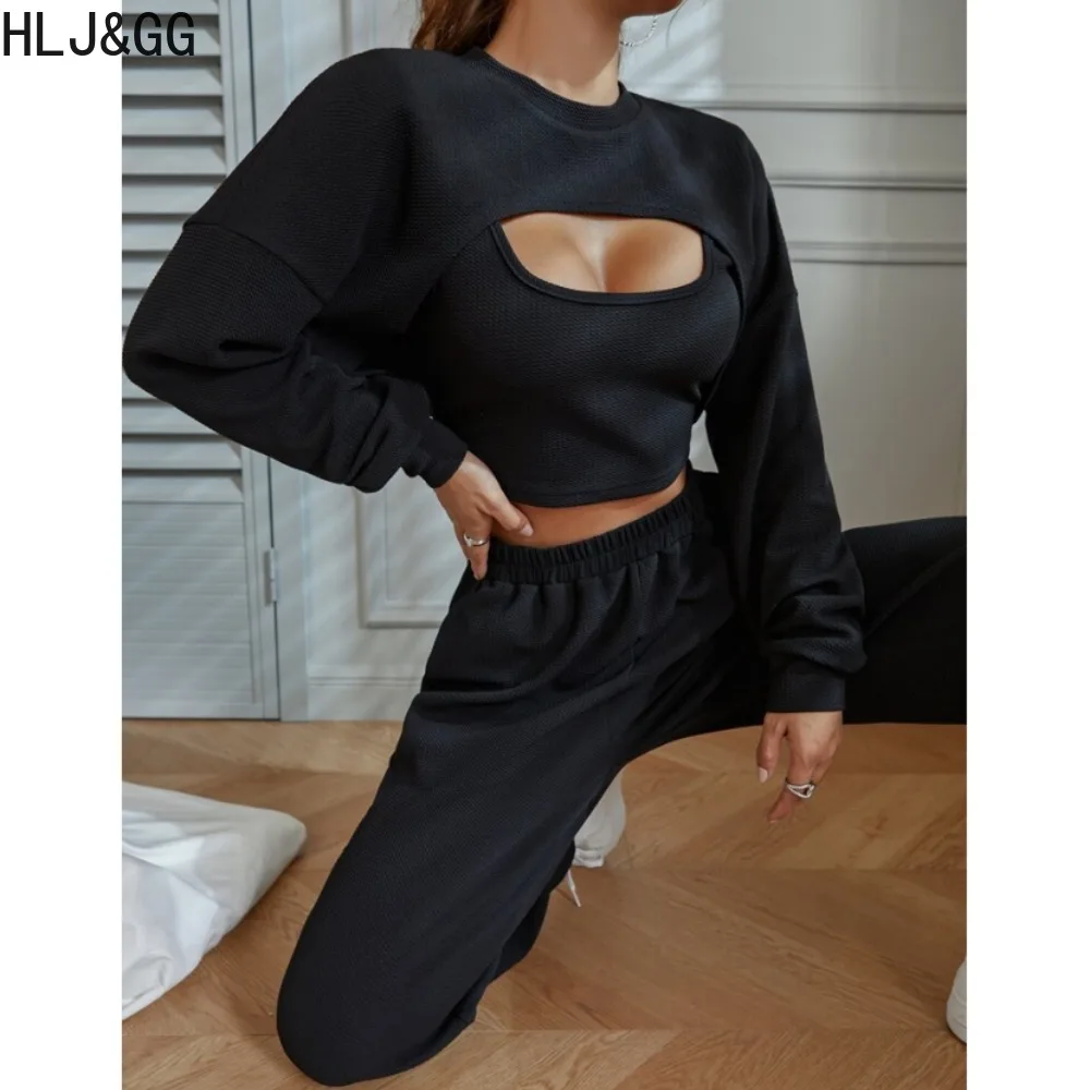 

HLJ&GG Autumn Winter Sporty Jogger Pants 3 Piece Sets Women Vest+Long Sleeve Crop Top+Wide Leg Pants Outfits Casual Streetwear