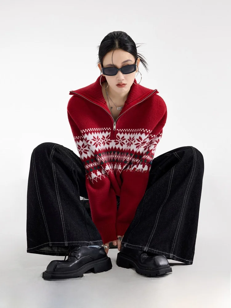 

Красная женская вязаная толстовка на молнии Cisas ICH MODE в американском стиле, свободного кроя, осенне-зимняя модная верхняя одежда