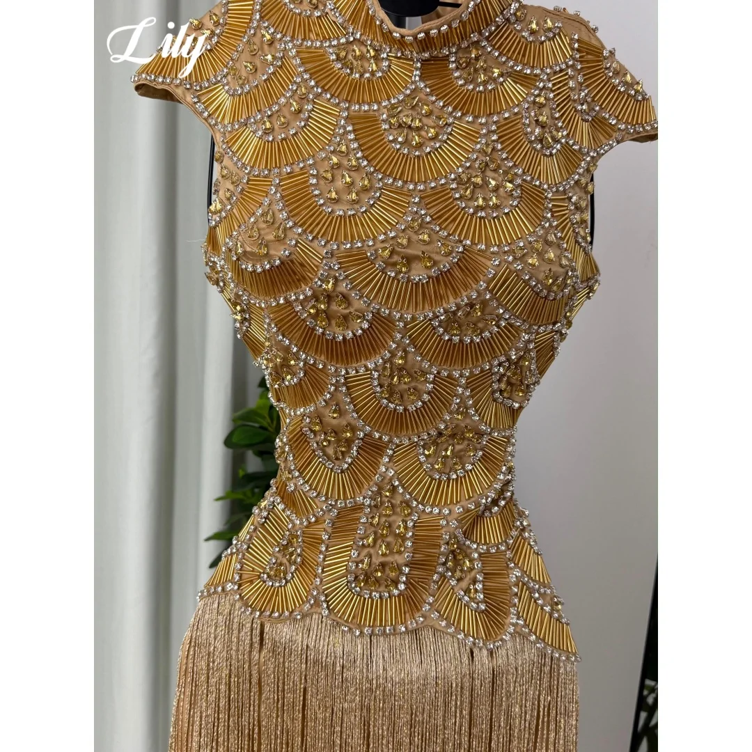 Lily Luxury Beaded Tassel Prom Dress Golden High Neck Evening Gown With Handmade Rhinestone Beaded Fringe Party Dress Customized image 5
