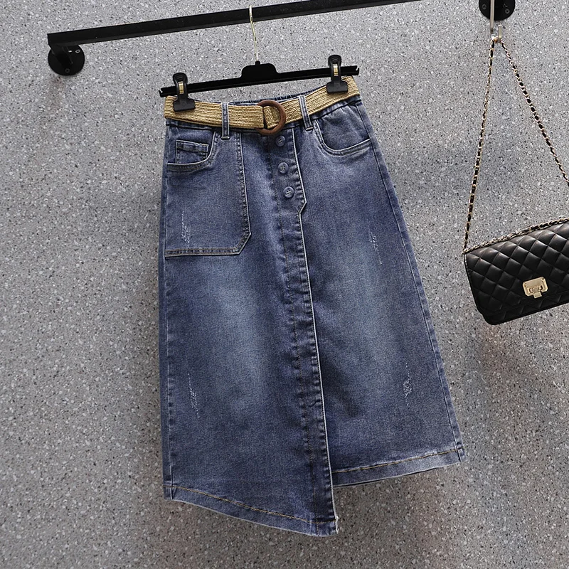 

High Waist Women's Denim Skirt A-Line Skirt Workwear Drapey Asymmetrical Brand Outlet Goods Cotton Polyester Blend