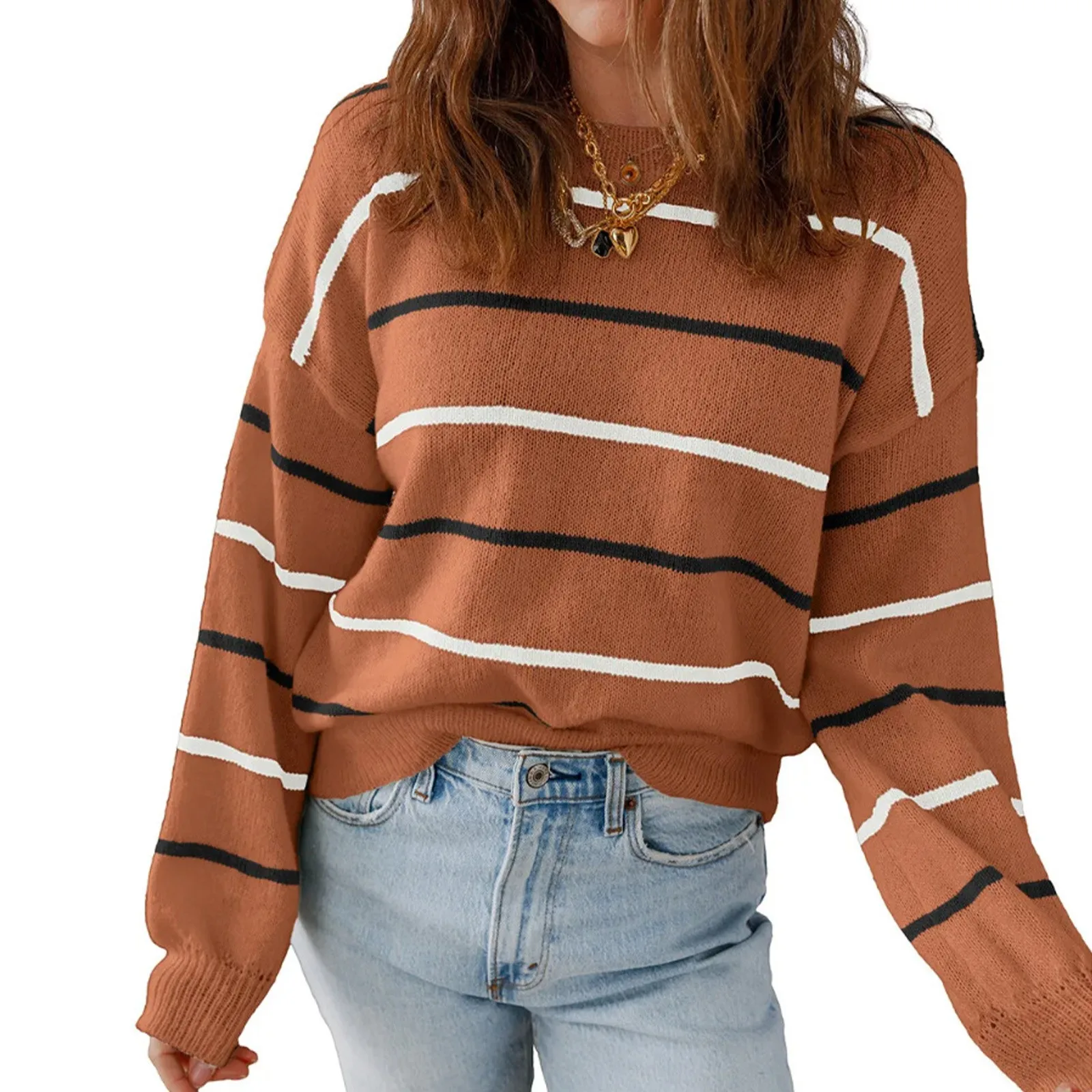 女性のカジュアルカラーストライププルオーバー長袖ルーズセーター Ropa De Mujer 冬服女性 Roupas Feminina トップ Mujer