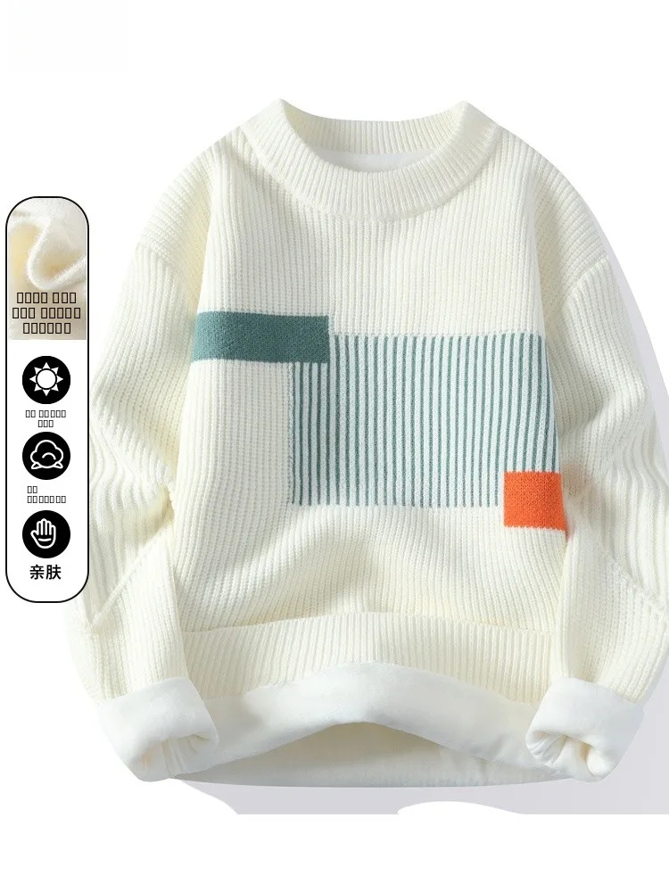

Fce Lined Knitted Sweater for Men Winter New Stripe Splicing Color Blo Middle School Student Lazy Sle Top Casual Wear