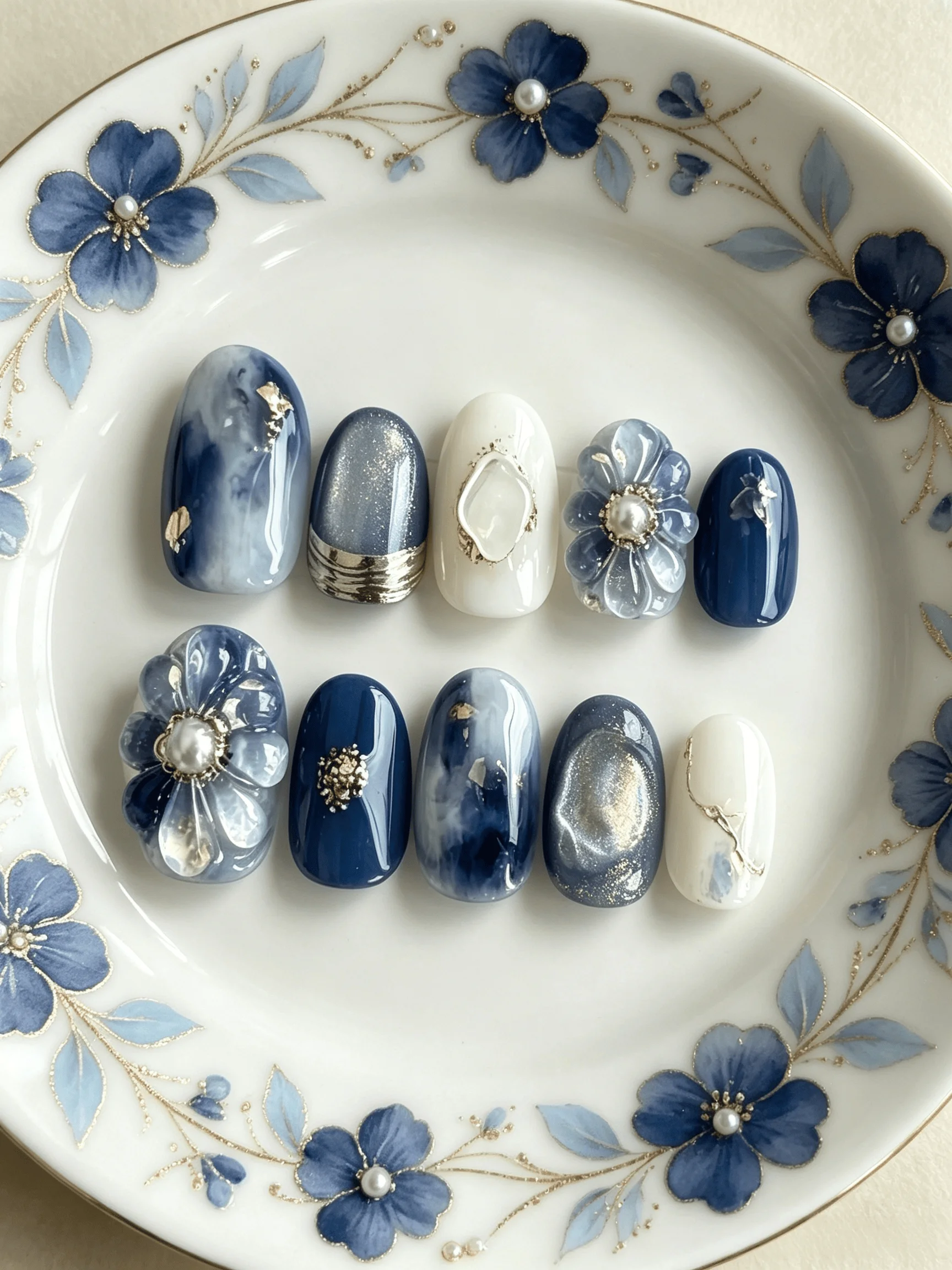 10 Pieces of Handmade Oval Full-Cover Nail Tips, Medium-Short Length, Blue and White Gradient, New Chinese-Style Cool Style, Suitable for Women and Girls, Ideal for Travel, Commuting, and Dating, Perfect as a Gift, Com