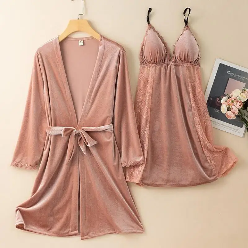 

Velour Robe Gown Sleep Suit Womens V-Neck Two Pieces Sleepwear Nightgown Set Lace Kimono Bathrobe Nightwear Loungewear