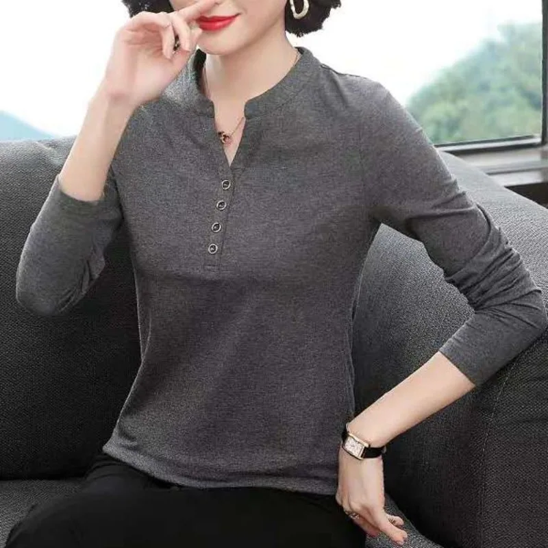 Autumn and Winter Women\'s Polo Pullover Cotton Solid Button Tshirt Long Sleeve V-Neck Standing Neck Underlay Fashion Casual Tops