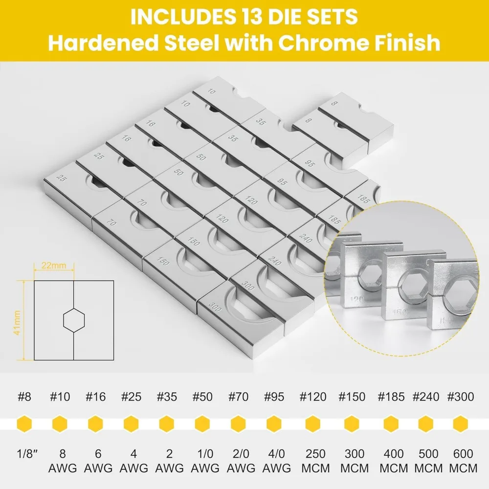 Pince à sertir hydraulique robuste avec 13 paires de matrices pour câbles 9AWG à 600MCM, alimentation 16 tonnes