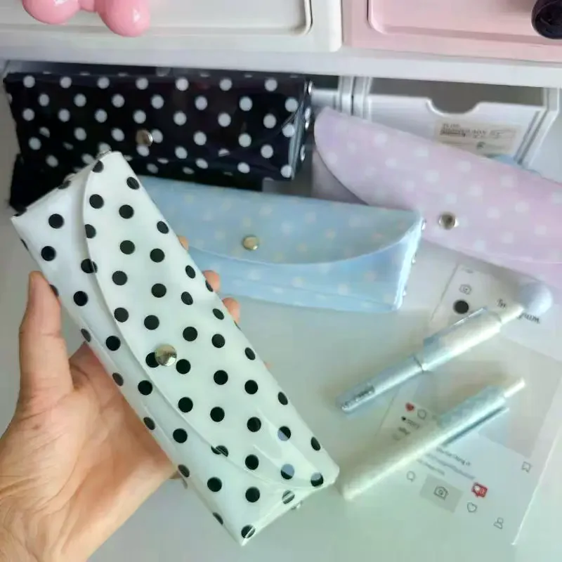 PVC Pencil Case with Polka Dot Design, Snap-button Closure, Large Capacity, Waterproof Material for School, Office, Art S
