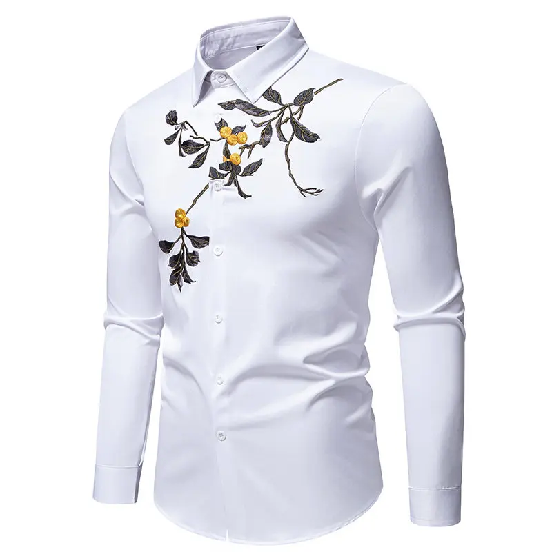 Men's Long Sleeve Shirt with Leaf and Berry Embroidery, Notch Lapel Casual Streetwear Shirt Unique Nature Themed Embroidered Top