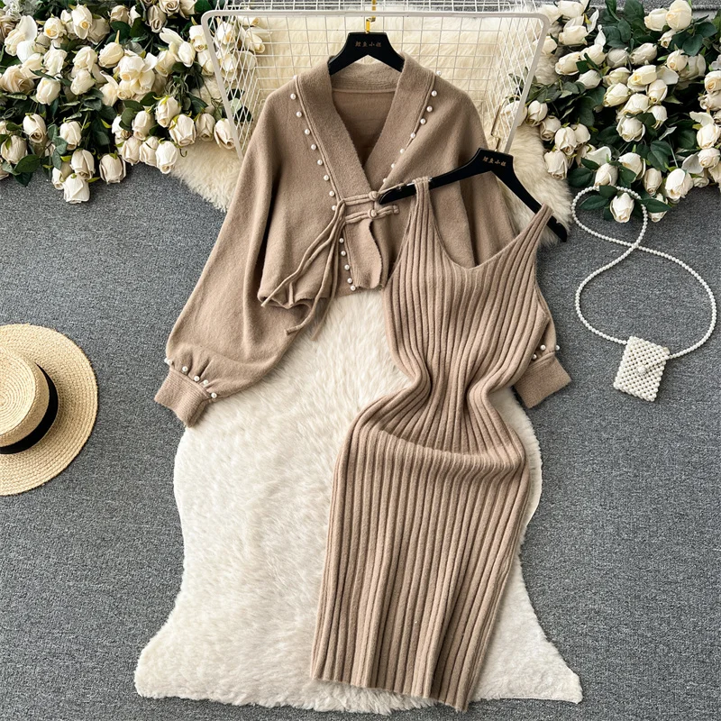 Autumn Winter Women Fashion Knitted Sets Long Slim Sling Dress Beaded Short Knitted Sweater Jacket Ladies Sweet Two-piece Sets