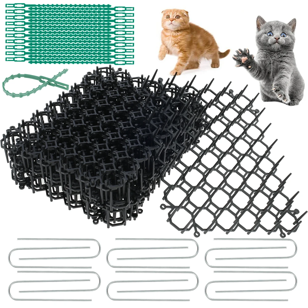 12Pcs Garden Cat Scat Mat Anti-Cat Prickle Mat with Ground Spikes and Cable Ties for Animal Deterrent Repellent Garden Tools