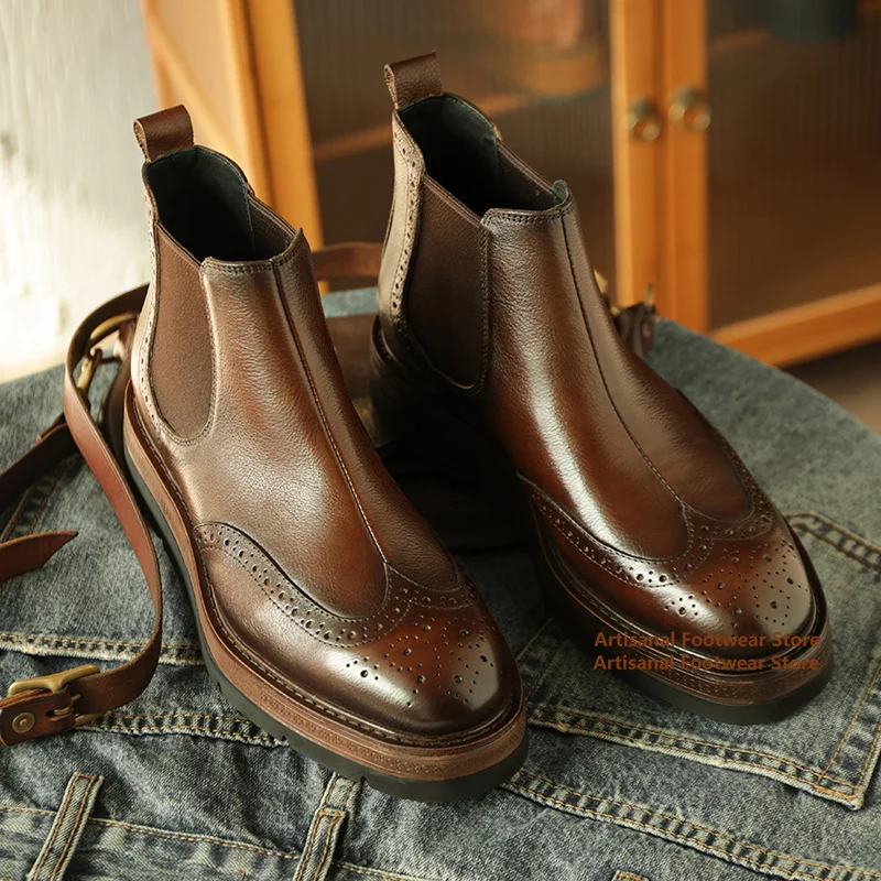

Thick Soled Chelsea Boots Round Toe High Top Leather Boots for Men Business British Style Genuine Leather Carved Men's Boots