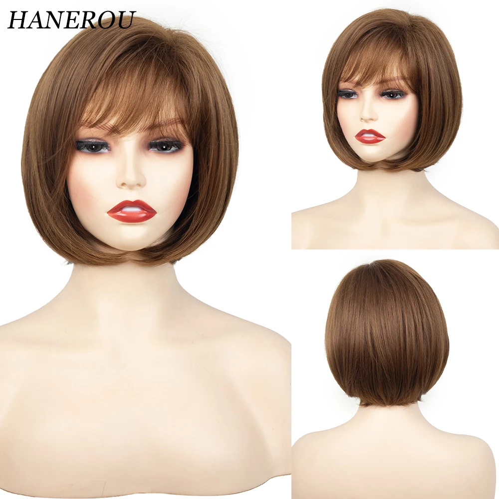 HANEROU Synthetic Bob Short Wig Natural Straight Brown Women Hair Heat Resistant Wig for Daily Party Cosplay