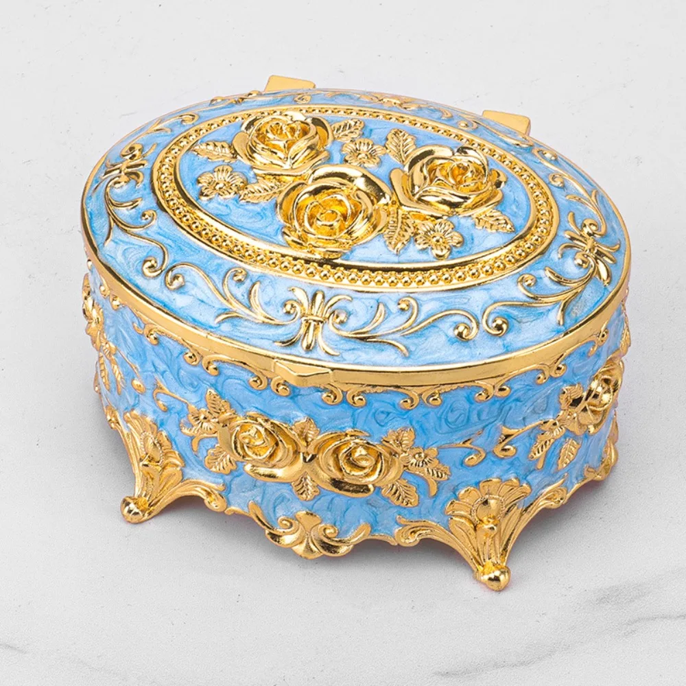

Multifunctional European Style Metal Jewelry Box Vintage Oval Rose Enamel Box Zinc Alloy Trinket Organizer Desk Storage