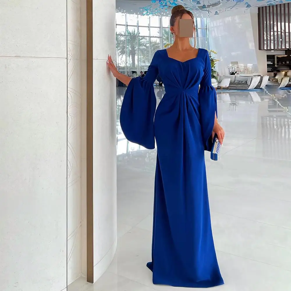 

Beshinel Customized Royal Blue Square Neck Mermaid Evening Dresses Long Sleeve Pleated Floor Length Simple Prom Gowns 2025