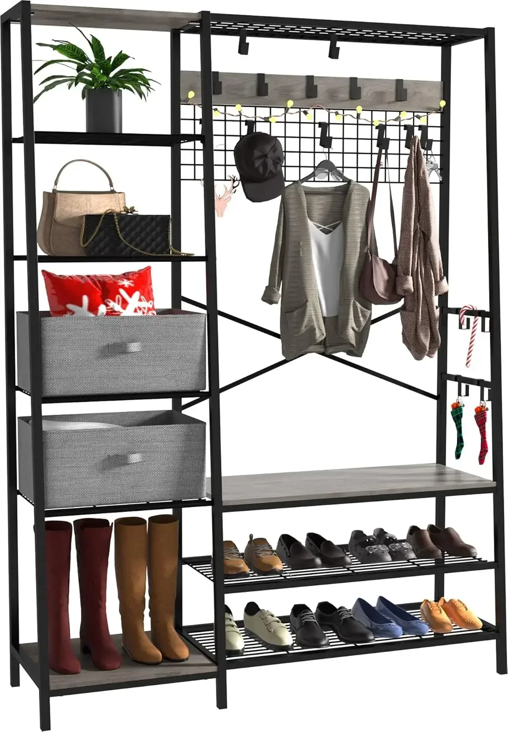 

Coat Rack Stand with 6 Side Shelves, Entryway Shoe Bench with Adjust Coat Rack, Top Mesh Shelf