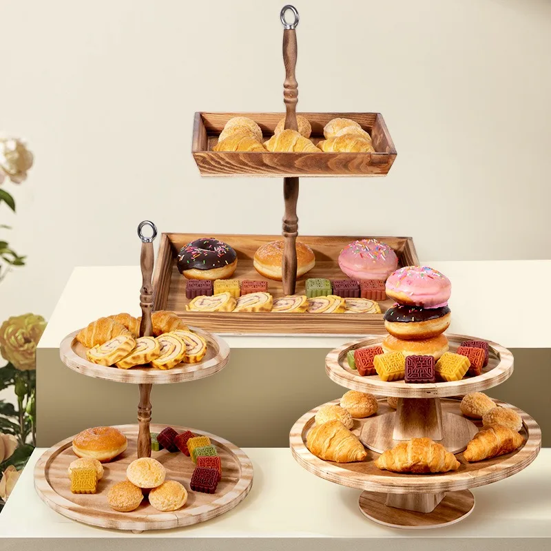 

Creative solid wood two-story round plate rack wooden detachable fruit cake dessert tray display