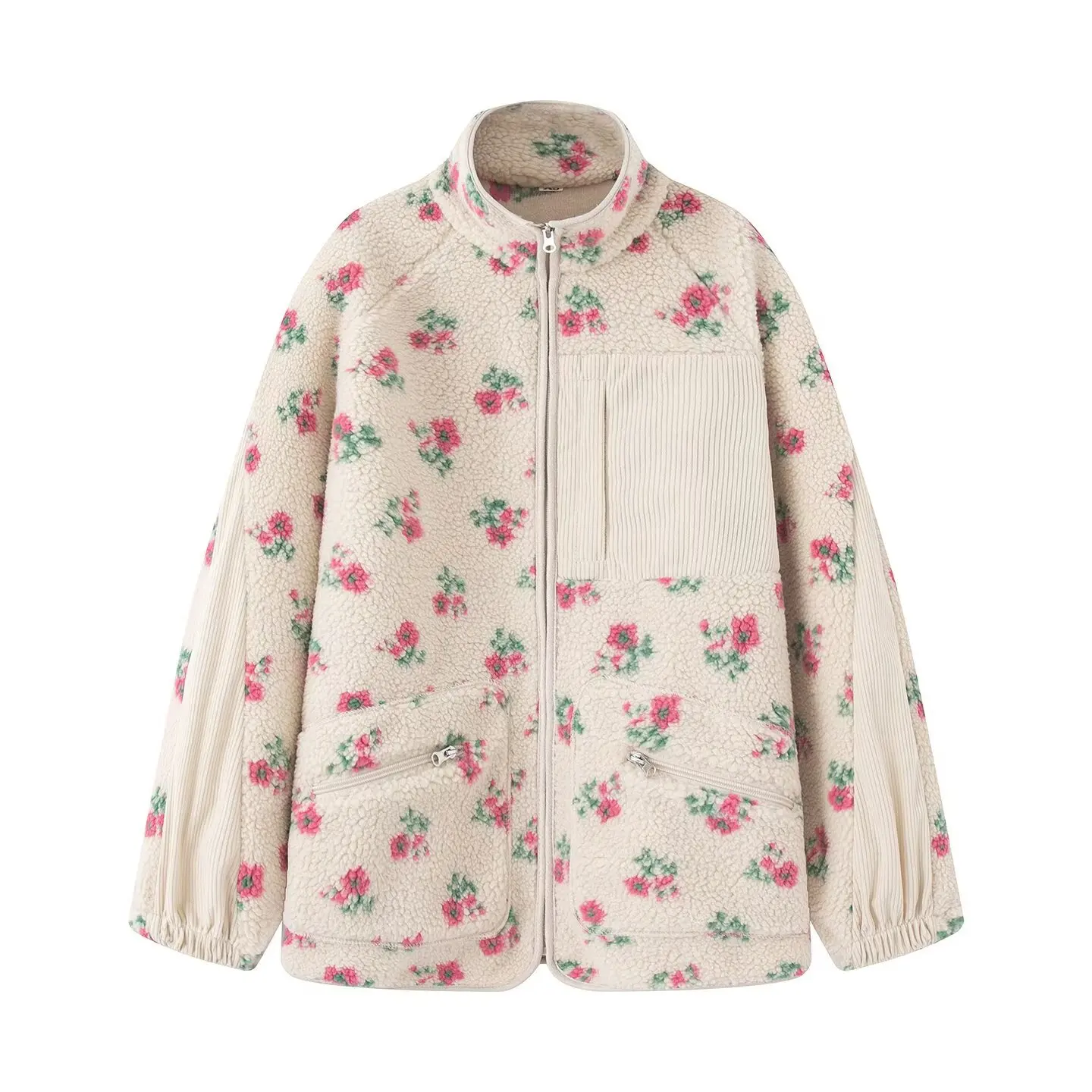 Fashion Floral Jacket For Women Autumn Winter New Warm Half-high Collar Long Sleeved Spliced ​​pocket Zipper Polar Fleece Coat