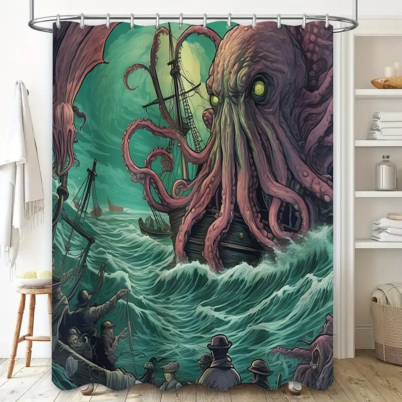 Unique Artistic Shower Curtain featuring a Brutal Giant Octopus Attack on Ships Perfect for Retro or Steampunk Decor