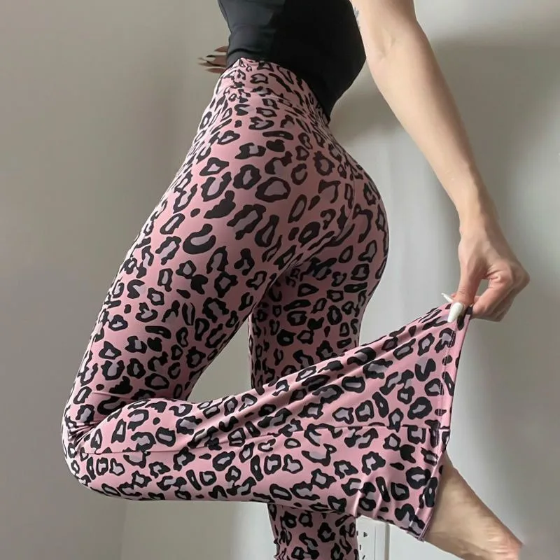 

Leopard print yoga pants are breathable and make legs look longer. Slightly flared pants. High-waisted sports Pilates pants.