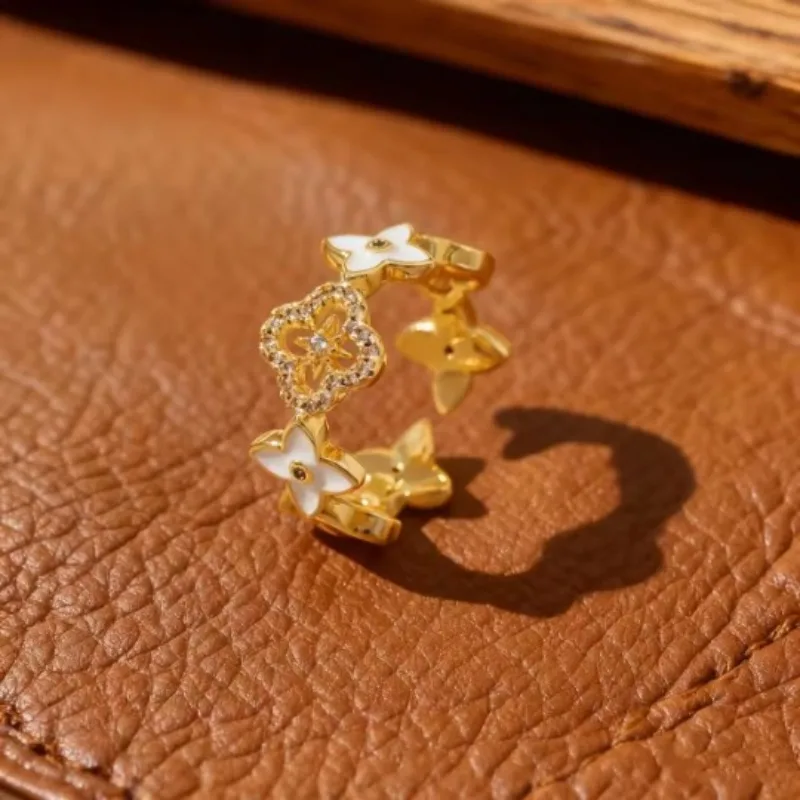 خاتم البرسيم المجوف المحظوظ بأربع أوراق للنساء، مرصع بالزيت، خاتم فاخر وخفيف الوزن وغير يتلاشى #2