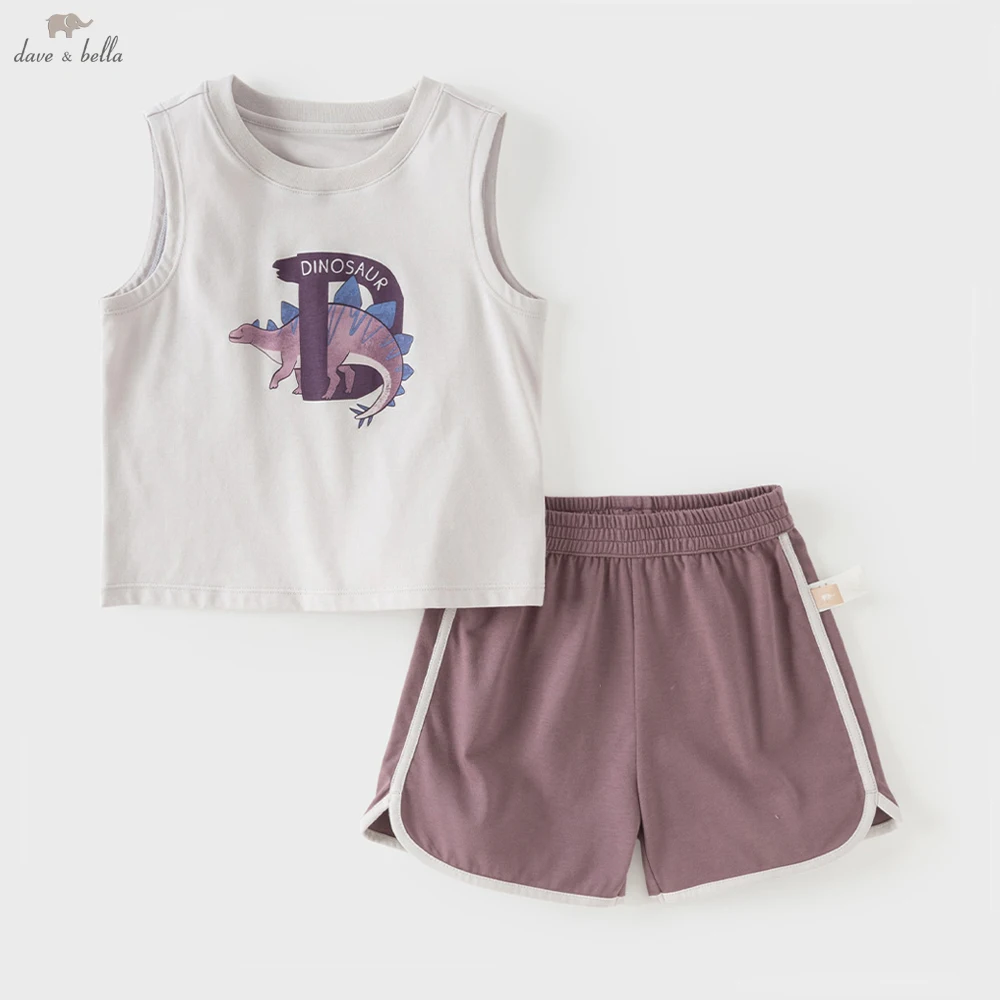 Dave Bella Boys Printed Summer T-shirt 2PCS Set Childern Sleeveless Top+Shorts Suits Kids Clothing Trousers Pullover DB2261304