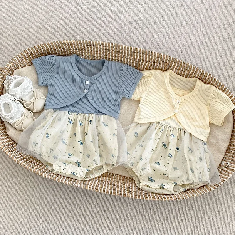 

Cute Baby Girl Clothes Korea Style Newborn Princess Sleeveless Mesh Flower Dress Romper+Cotton Cardigan Crop Top 2PCS Summer Set