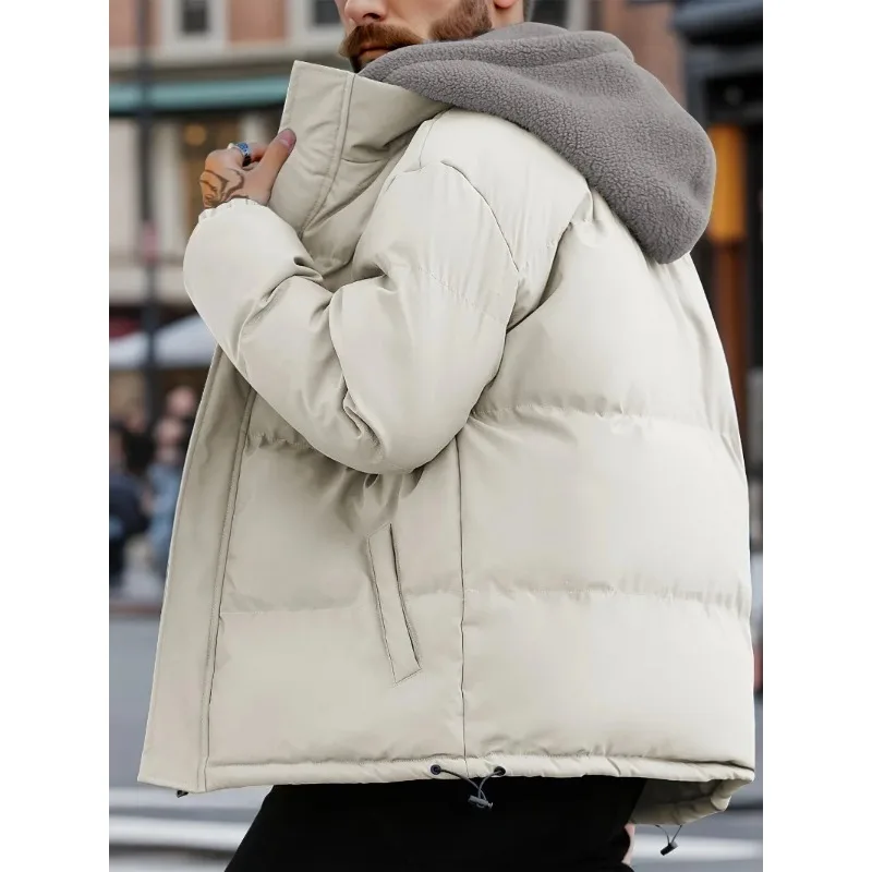 Men's Winter Windproof Jacket Casual Fake Two Hooded Bread Coat Detachable Hood Zipper Front Long Sleeves Pockets Overcoat