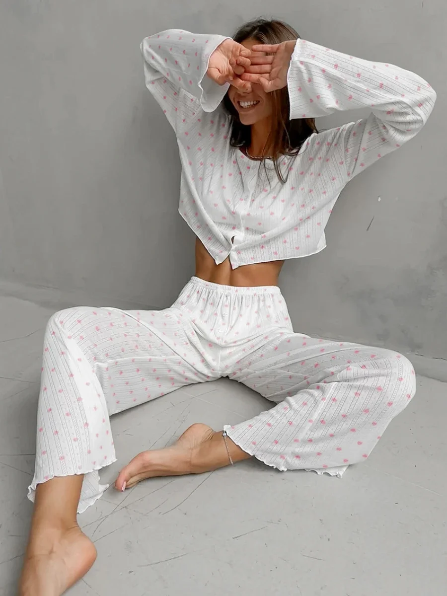 Mozuleva Love Printed Pajama Set Basic Loose Casual Nightgown Cardigan Short Long Sleeved Pants Lounge Women\'s Sleep Set