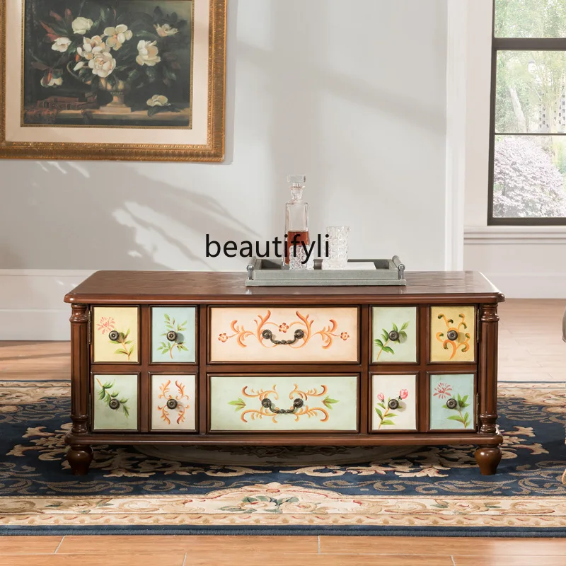 

American living room double-sided large coffee table solid wood drawer locker walnut tea table factory wholesale