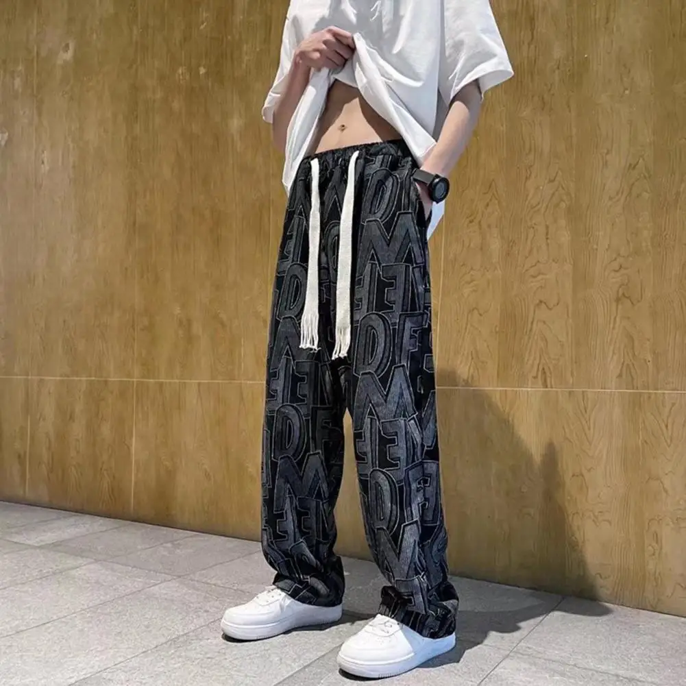 

Letter Print Fashion Corduroy Pants for Men Korean Baggy Straight Cut Slacks Drawstring Wide Leg Casual Trouser Pants for Unisex