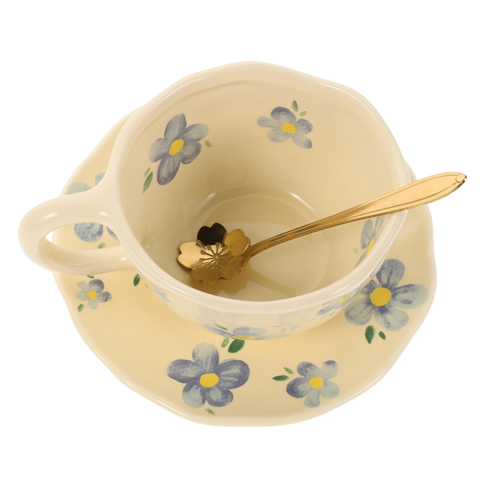 

1 комплект, керамический набор кофейных чашек, кружка с цветочным дизайном, блюдце, ложка, высокая температура стрельбы, легко чистится, стильная кухня