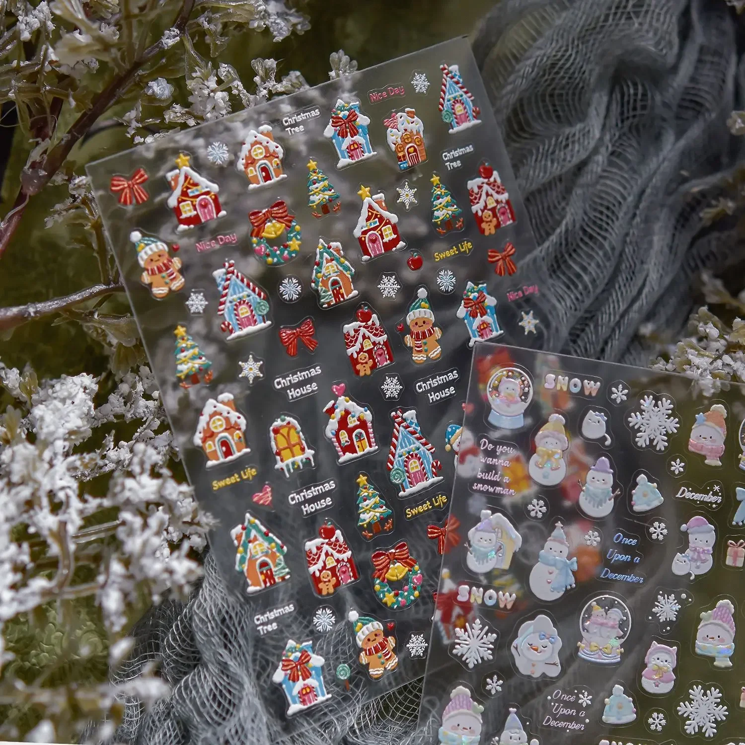 Acessórios de unhas de natal adesivos 5d em relevo dos desenhos animados floco de neve casa boneco de neve adesivos de unhas diy adesivo manicure decoração decalques