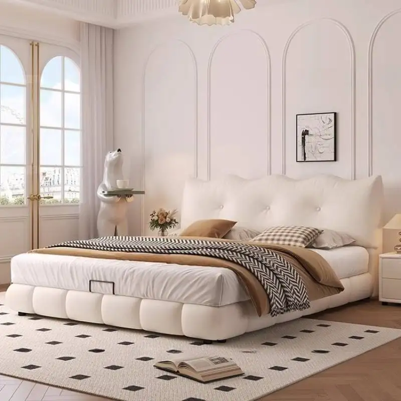 Cama doble minimalista De madera maciza, diseño Beige, Cama doble flotante japonesa, Cama De Matrimonio moderna plegable, muebles para el hogar