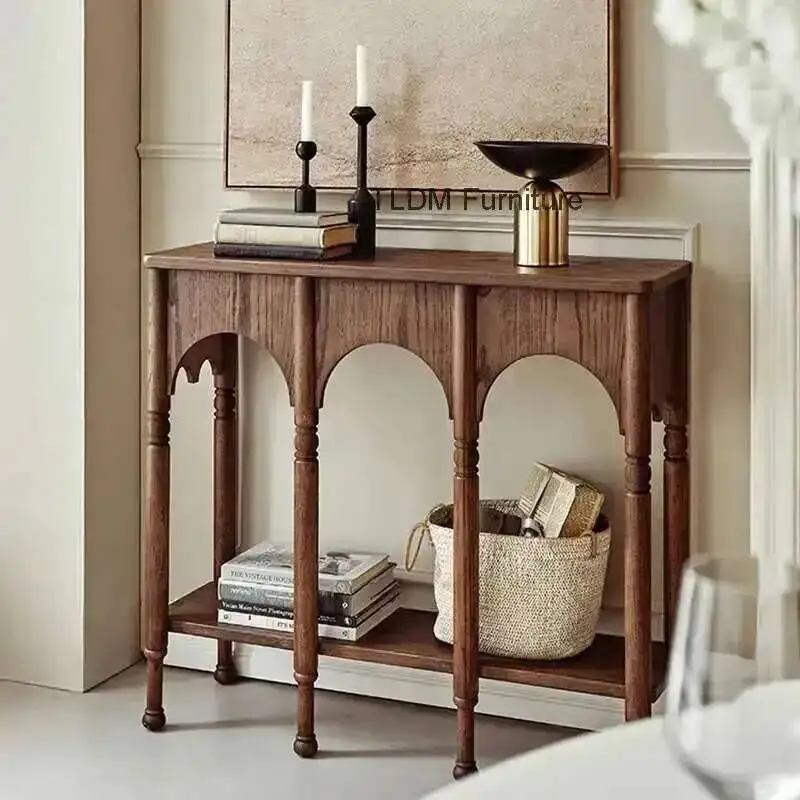 وحدة التحكم في مدخل الشمال غرفة المعيشة المنزل طاولات أثاث عالية الساق المدخل الأمريكي خزانة الرجعية تخزين الصلبة طاولة جانبية خشبية #4