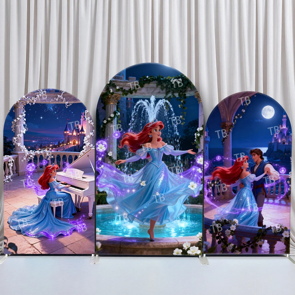 

Disney Ariel Arch Backdrop Cover Castle Fountain Piano Starry Sky Moonlight Scene for Birthday and Baby Shower Party Photo Booth