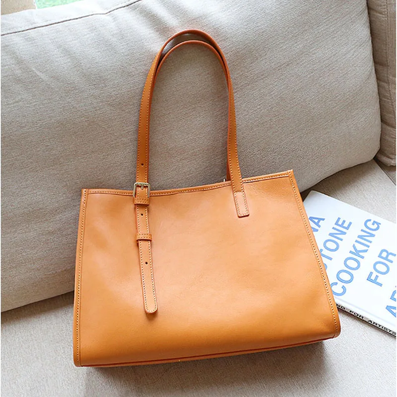 Fashion Female Genuine Leather Shoulder Bags Large Capacity Lady Horizontal Square Tote Bag Solid Color Women Commute Handbag