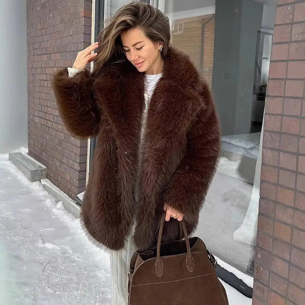 Warme herfst winter dame bontjas bruine nepbontjas pak kraag veelzijdige pluche jas voor dames