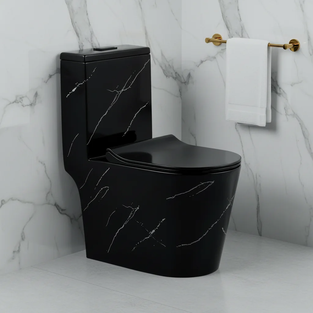 

European Design Tornado Quiet Flush Floor Mounted Toilet Matt Black Marble Washdown Square One Piece Toilet For Hotel