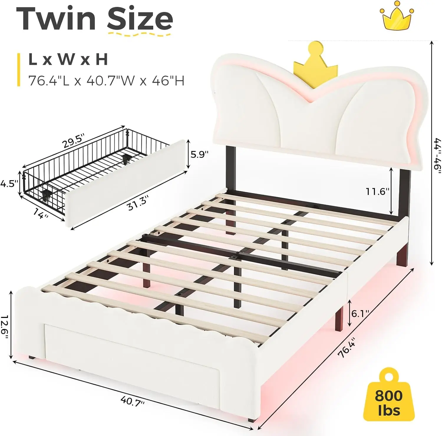 LED Twin Bed Frame with Storage Drawer and Charging Station, Crown Bed with Adjustable Double Butterfly Headboard, Upholstered