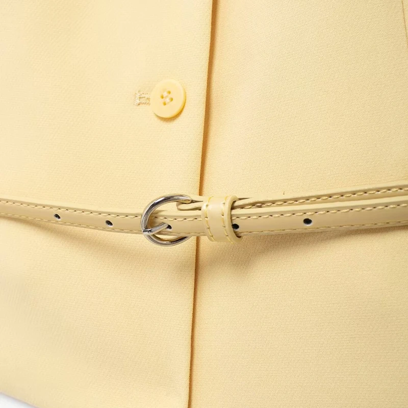 Willshela moda damska z paskiem żółta kamizelka z dekoltem w serek jednorzędowe kurtki bez rękawów kobiecy elegancki strój damski krótki top Tank