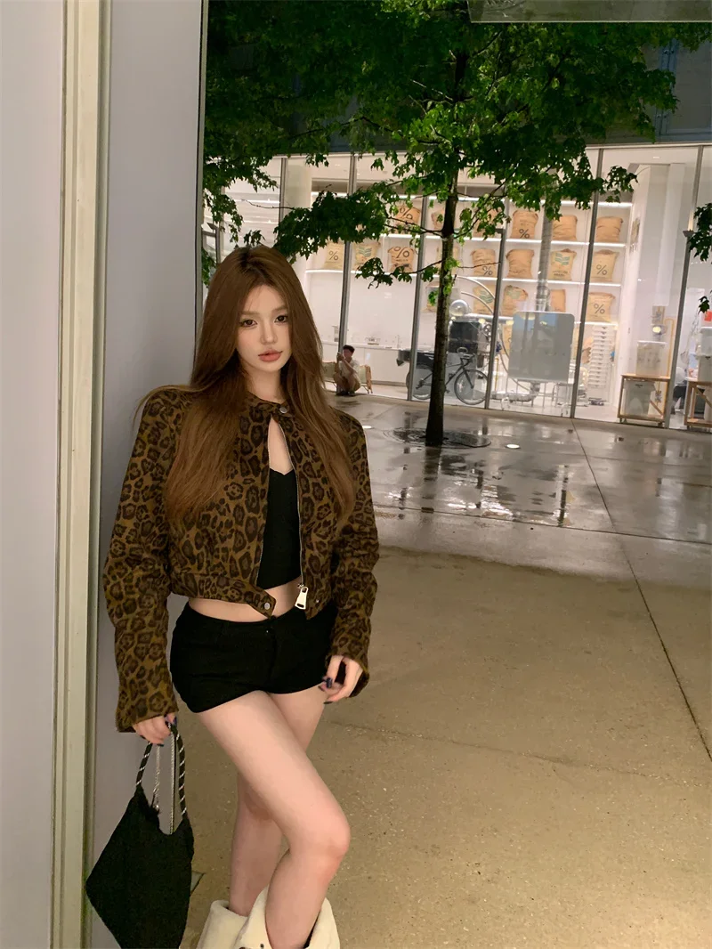 Vintage Leopard Short Jacket Crop Top Slim American Coat women fall autumn outfits y2k cropped cloth harajuku fairy grunge goth